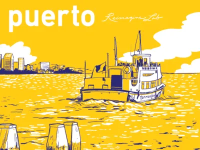 Puerto Poster for Blue Shield boat illustration poster two color