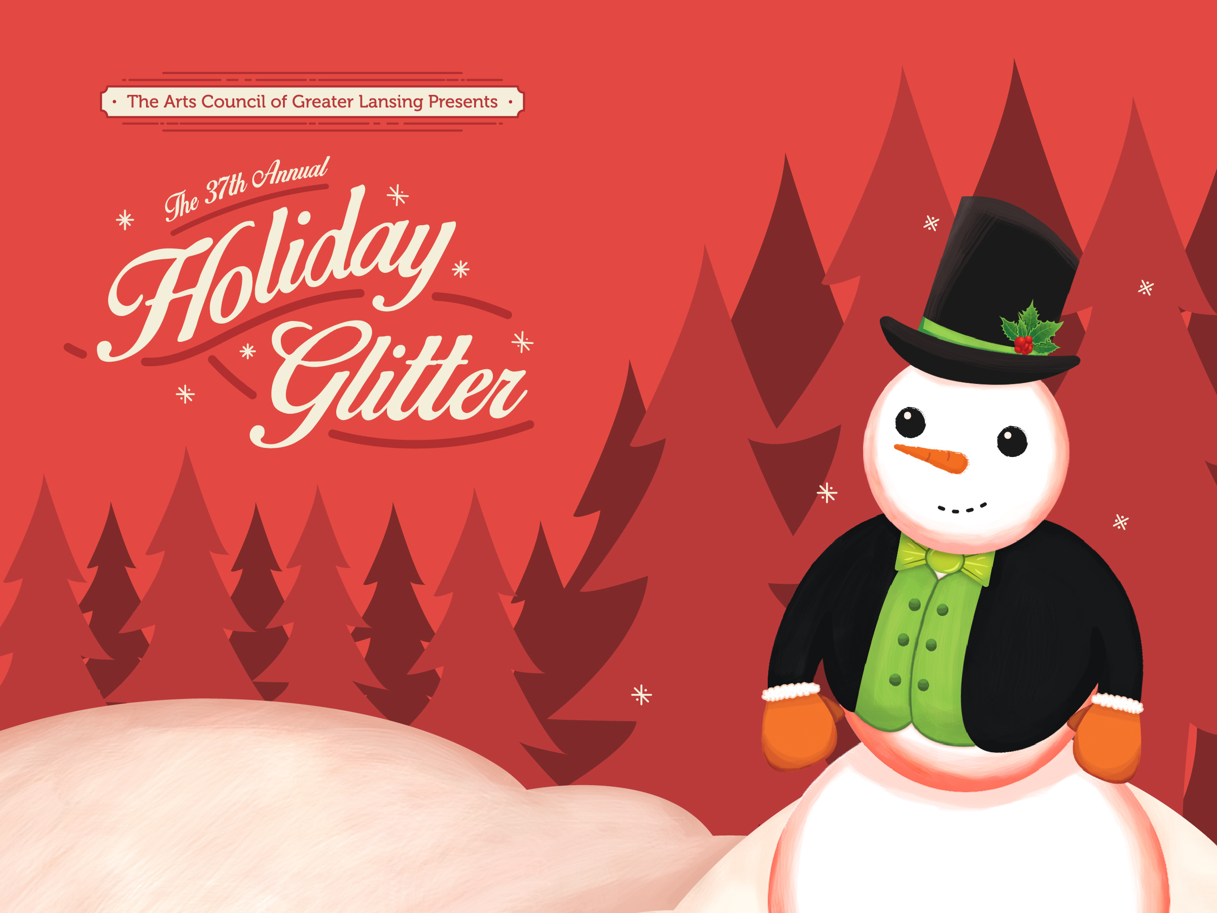 Holiday Glitter 2016 2016 black card christmas event holiday holiday card holiday party illustration invite minimal red snow snowflake snowman white winter