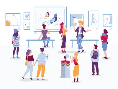 Art Gallery abstract art art gallery cartoon characters contemplative design exhibition flat guide illustration inspiration minimalism modern art paintings people vector visitors