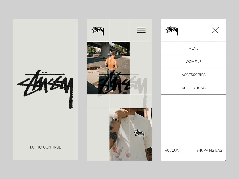 Menu animation for Stussy mobile app concept animation app concept design fashion grid inspiration ui