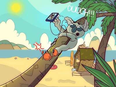 Kev the Koala 2d art beach cartoon cartoon design cartoon illustration character art crab digital 2d digital painting illustration koala sunny day