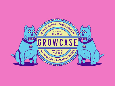 Growcase Hounds & Badge badge design brand identity branding cartoon dog dogs growcase hellhounds hound hounds hybrid mutant illustration logo design logotype mascot packaging design patch portfolio self promo third eye