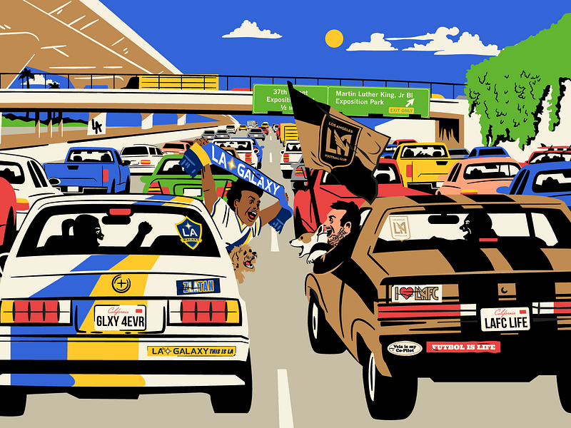 LAFC vs Galaxy for ESPN car colorful espn futbol galaxy illustration lafc los angeles retro rivalry road soccer sports traffic vector