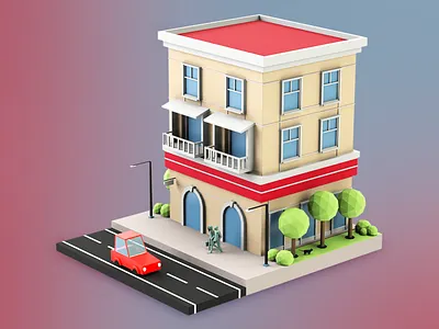 Lowpoly Sunny Street 2018 3d 3d art adobe c4d cinema 4d cinema4d clean design hotel lowpoly lowpolyart simple street sunny