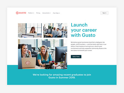 Launch your career with Gusto 🎓 careers page design landing page recruiting ui ux web web design