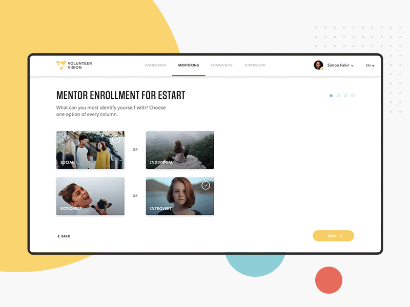eMentoring Platform Volunteer Vision animation app apply education enrollment landing survey transition ui uiux ux web wizard