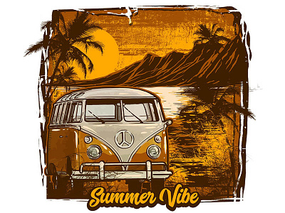 summer vibe apparel artwork beach brand clothing detailed handdrawn illustration lettering merchandise originalart outdoors retro stickerdesign summer tshirtdesign typography vector vintage vw