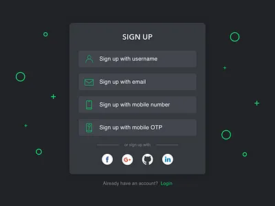 Sign Up account create account dark green login sign in sign up social login ui ux web