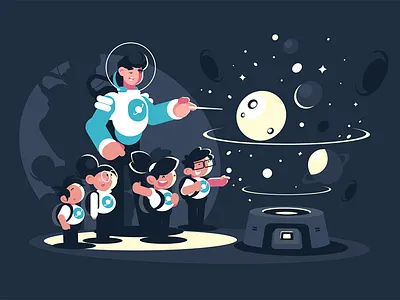 Guide with children in planetarium character children educational excursion flat guide illustration kit8 planetarium school space teacher vector