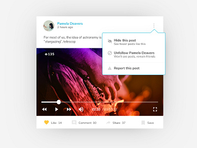 Social Video Post Card card like button material design options post share social app social network ui uiux video