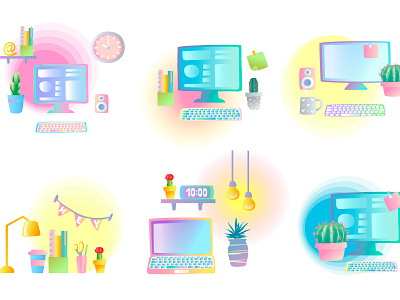 Workspaces. background computer cute design gradient illustration laptop office shape stylish vector workplace workspace