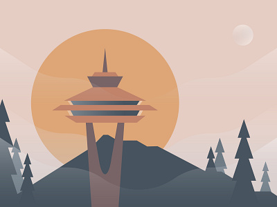 PNW Golden Hour balsam firs brooklyn ny clouds flat fog golden golden hour gradient illustration mist moon mount rainier mountain pacific northwest pine tree pnw seattle space needle sunset wild