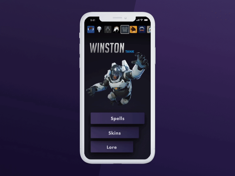 Overwatch heroes UI Animation animation dark darktheme game mobile motion theme transition video game