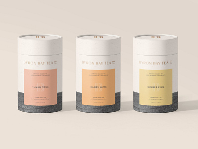 Byron Bay Tea Co. Cylinders Warm brand identity branding coffee packaging halftone logo minimal packaging mockup packagingdesign tea packaging typography