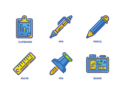 Office Stationery 6 Flat Outline Icons board clipboard flat icon line office outline paper pen pencil pin ruler school stationary