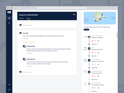 Messages chat comments communication conversation details freight jf hillebrand messages messaging myhillebrand shipping status timeline track and trace ui