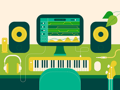 Home Studio band green guitar home studio illustration logic pro monitor speakers music simple