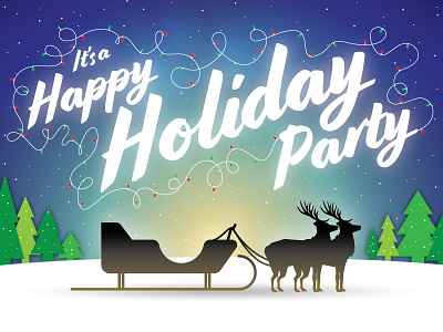 Rejected Holiday Party Invite blue christmas holiday holiday party invitation invite reindeer sleigh starry sky string of lights vector art winter xmas