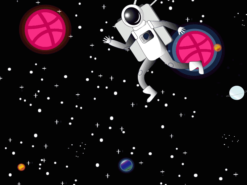 Hello Dribbble ! app astronot character design dribble flat gif icon illustration motion design shot space stars travel un ux vector web website