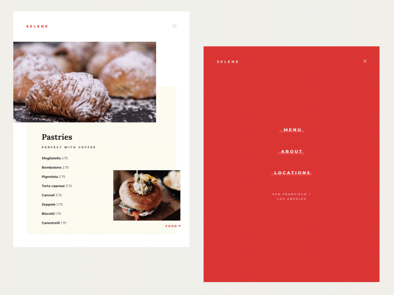 Selene Tablet - menus and navigation animation bakery cafe menu mobile motion navigation pastry red restaurant ui
