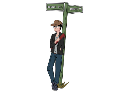 Waiting bag cartoon cartoon design character grass jacket pants sign standing street street pole wait waiting