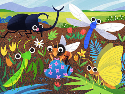 Bug Garden art bee beetle bugs butterfly cute dragonfly flowers illustration insect kidlitart landscape