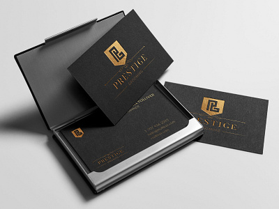 Prestige Grooming Business Card Design brand branding business card design embossed foil gold identity logo logo design logos logotype luxury mock up monogram ornamental premium print shield typography