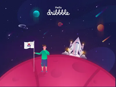 Hello Dribbble! branding character design galaxy hello dribbble icon illustration logo rocket ui vector