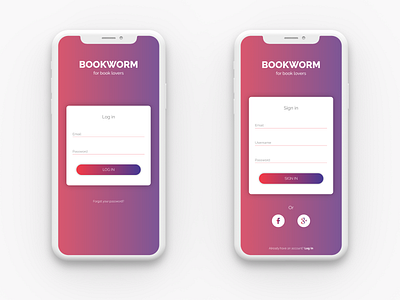 Screens - Bookworm book app book club clean colorful gradient design iphonex login loginscreen mobile app mobile app design modern screen design sign in simple ui