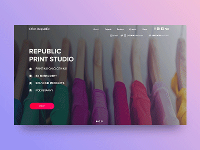 Main website screen for print studio animation fade in interaction minimal print t shirt trigger website