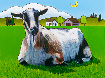 Haute Goature, 30" x 24", acrylic on canvas goat illustration landscape painting