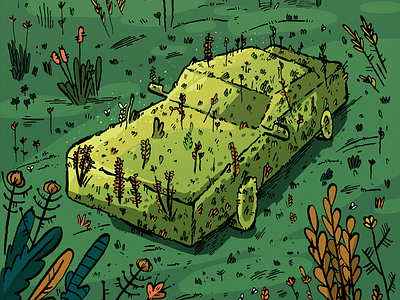 Nature Reclaiming art broken car cartoon design drawing editorial editorial illustration greens illustration ink mixed media nature plants weeds