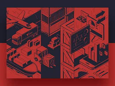 Transport illustration app board box branding chart flat forklift illustration isometric minimal piechart plane red shadow ship statistic storage transport truck vector