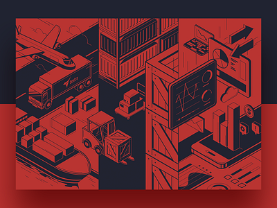 Transport illustration app board box branding chart flat forklift illustration isometric minimal piechart plane red shadow ship statistic storage transport truck vector