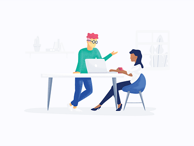 Working together books illustration laptops man office plants table teamwork window woman work working together