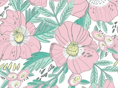 Poppies Pink Pattern drawing gentle marushabelle pastel pattern pink poppies sketch