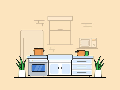 Kitchen design flat fridge illustration illustrator kitchen line art lineillustration microwave plant simple vector