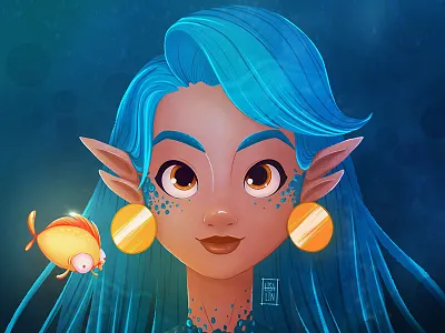 Mermaid with a goldfish. Character Design. iPad Pro + Procreate art cartoon cg character character design concept cute design fantasy fish girl illustration ios ipad pro mermaid procreate