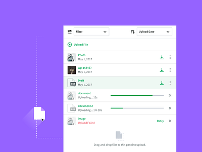 Files upload list card drag and drop filter interaction list view progress sort uploading