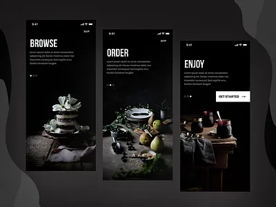 Dark Onboarding For Food app black and white clean dark theme dark version food app images intro screens ios minimal onboarding photoshop social ui ux