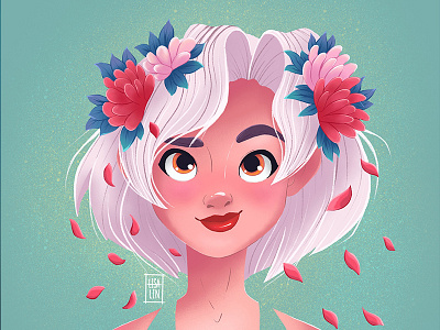 Beauty with pink flowers. Character Design. iPad Pro + Procreate art cartoon cartoon character cg character concept cute design fantasy flower girl girl illustration ios ipad pro portrait procreate