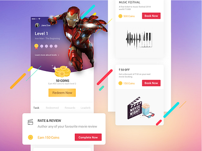 BookMyShow Secrets | Gamification app card dailyui design game gamification gaming gradient interface levels movie app movies new app popular product design rewards superhero tasks ui ux