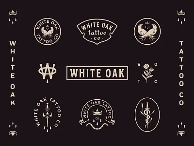 White Oak Tattoo Co. bird branding crown flower raven rose serif snake sword tattoo vintage