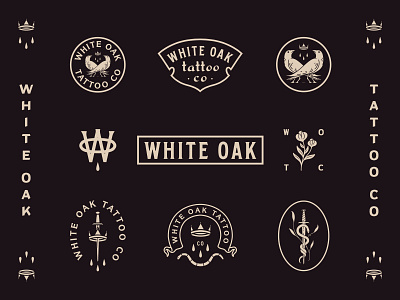 White Oak Tattoo Co. bird branding crown flower raven rose serif snake sword tattoo vintage