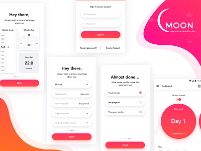 Moon app clean cycles design gradient health menstruation orange ovulation period pink pregnancy ui ux white