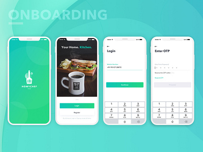 HomyChef - Your Home, Kitchen acquisition android app breakfast ios app kitchen login lunch mobile mockups onboarding otp register restaurant app signup splash screen