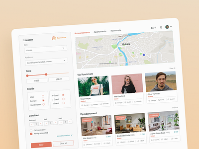 Roommate finder platform apartment color filter location logo map product design profile roommate search ui user ux web