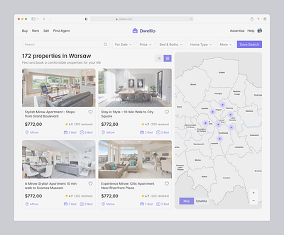 Real Estate Marketplace UI Design - Dwellio advanced filters buy and rent properties find homes for sale home search platform house rental website interactive property map marketplace design modern real estate ui online property marketplace property listing platform property listing ui real estate marketplace real estate ui real estate web design