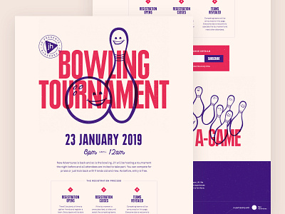 Bowling Tournament badge bowling bowling pin game landing page oldschool pins purple retro tournament