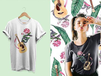Guitar Positional T-Shirt Design apparel artwork design fashion girl guitars hand drawn illustration pattern positional print print and pattern seamless snakes streetwear surface tee tee shirt teenager watercolour